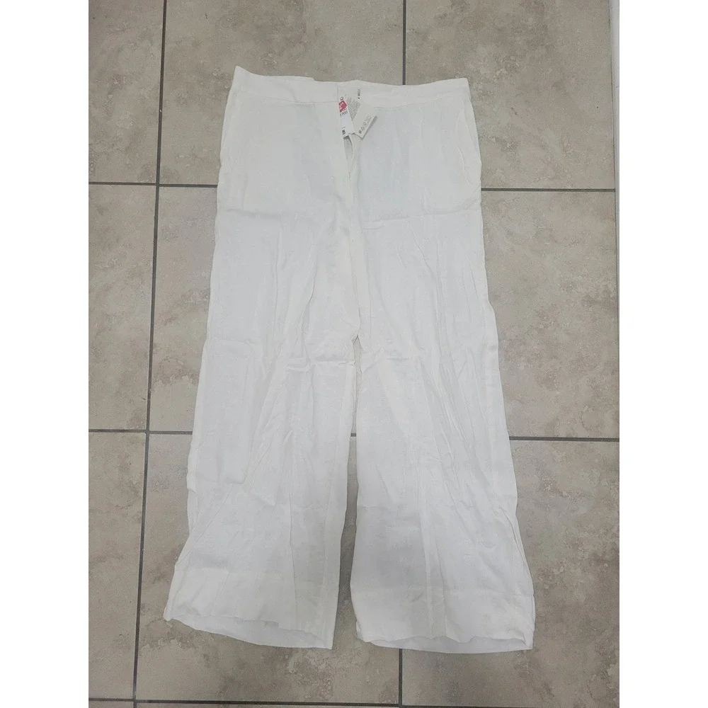 White Wide Leg Linen Blend‎ Pants Flowy Cropped Summer Casual Trousers